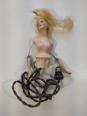 ANTIQUE COMPOSITION BOUDOIR HALF DOLL BUST LAMP in the style of Munzerlite 7.5"